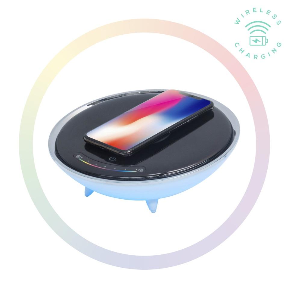 mbeat® Wireless Charging Station with RGB Colour Lighting, featuring a sleek design and touch-sensitive control panel.