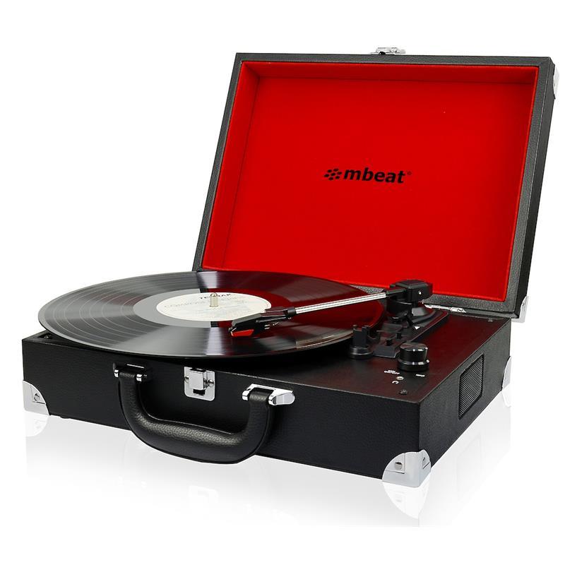 mbeat® Retro Briefcase-styled USB Turntable Recorder showcasing vintage design with PU leather and red fabric lining.