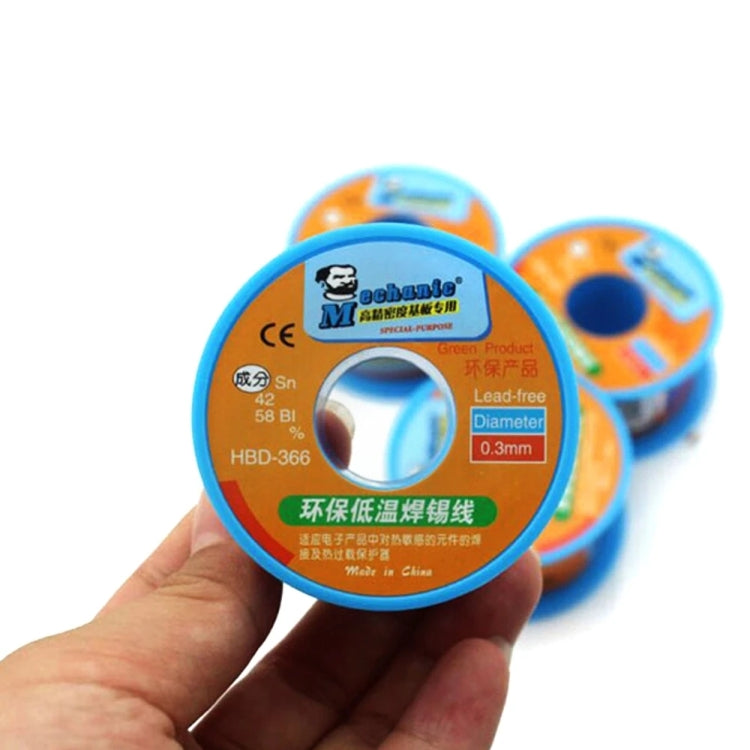 Mechanic HBD-366 40g Tin Solder Wire in a compact tin, showcasing its lead-free rosin core and low melting point for efficient soldering.