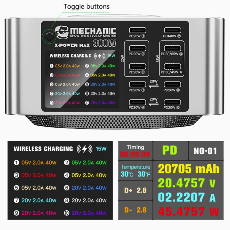 Mechanic X-Power Series Multiport Digital Display USB Charger Station with multiple ports and wireless charging capability.