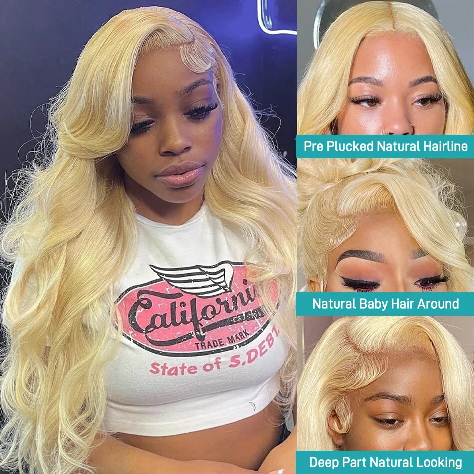 MELODIE 613 Lace Frontal Wig in honey blonde body wave style, showcasing its soft texture and transparent lace front.