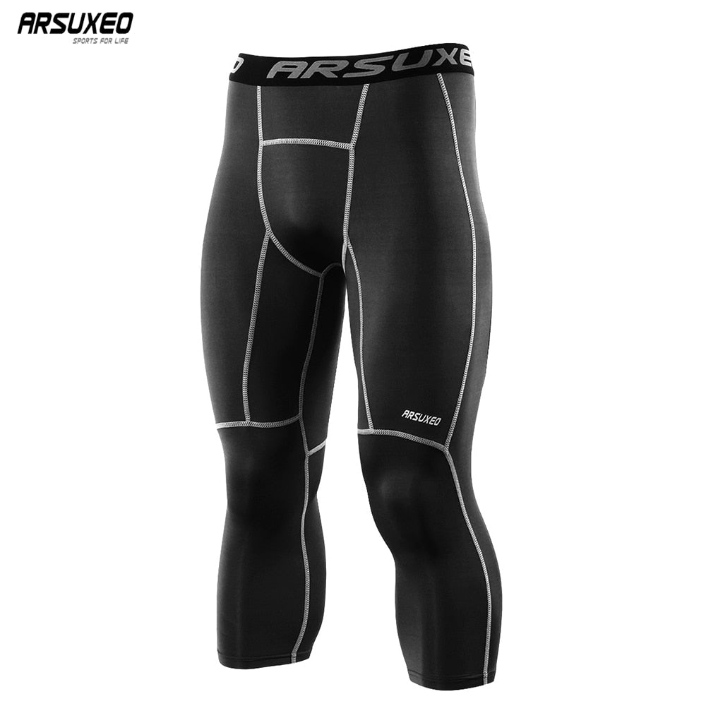 ARSUXEO Men's 3/4 Sports Compression Tights in solid black, showcasing the sleek design and high-quality fabric suitable for running and gym workouts.