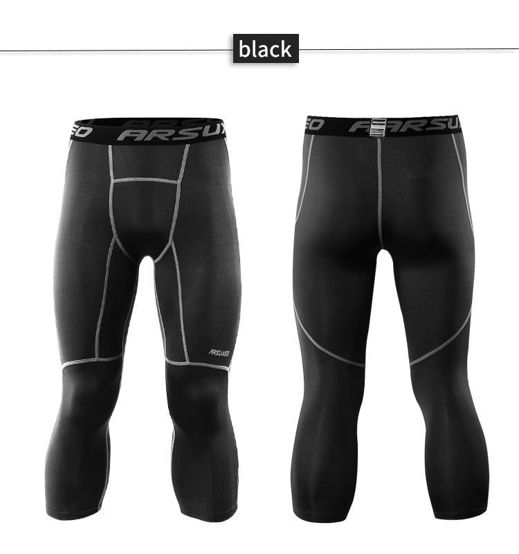 ARSUXEO Men's 3/4 Sports Compression Tights in solid black, showcasing the sleek design and high-quality fabric suitable for running and gym workouts.