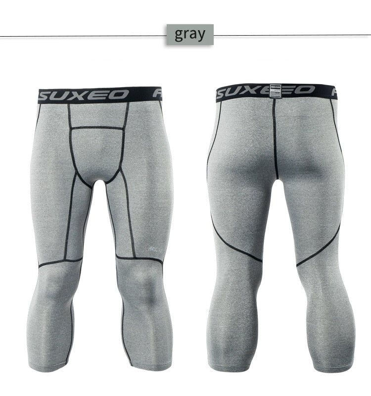 ARSUXEO Men's 3/4 Sports Compression Tights in solid black, showcasing the sleek design and high-quality fabric suitable for running and gym workouts.