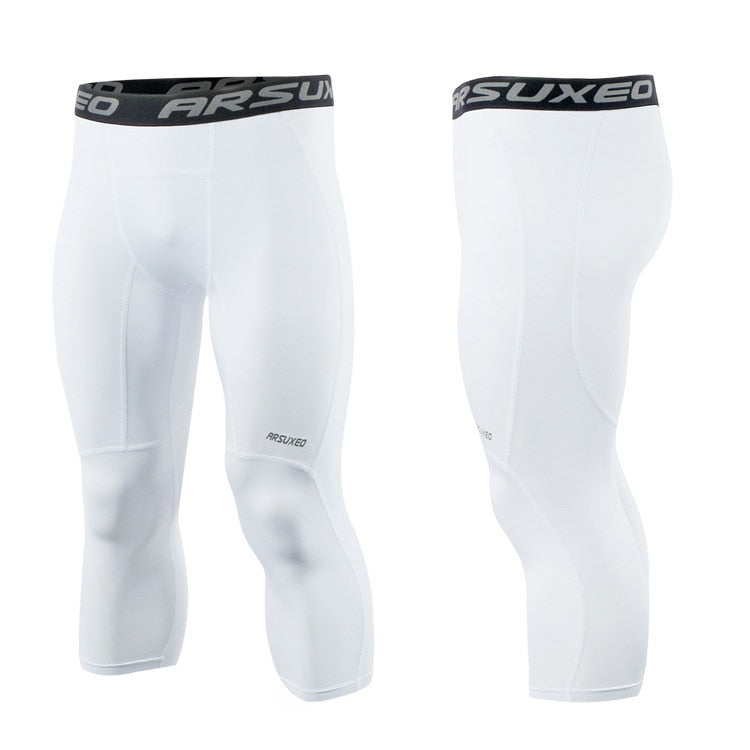 ARSUXEO Men's 3/4 Sports Compression Tights in solid black, showcasing the sleek design and high-quality fabric suitable for running and gym workouts.