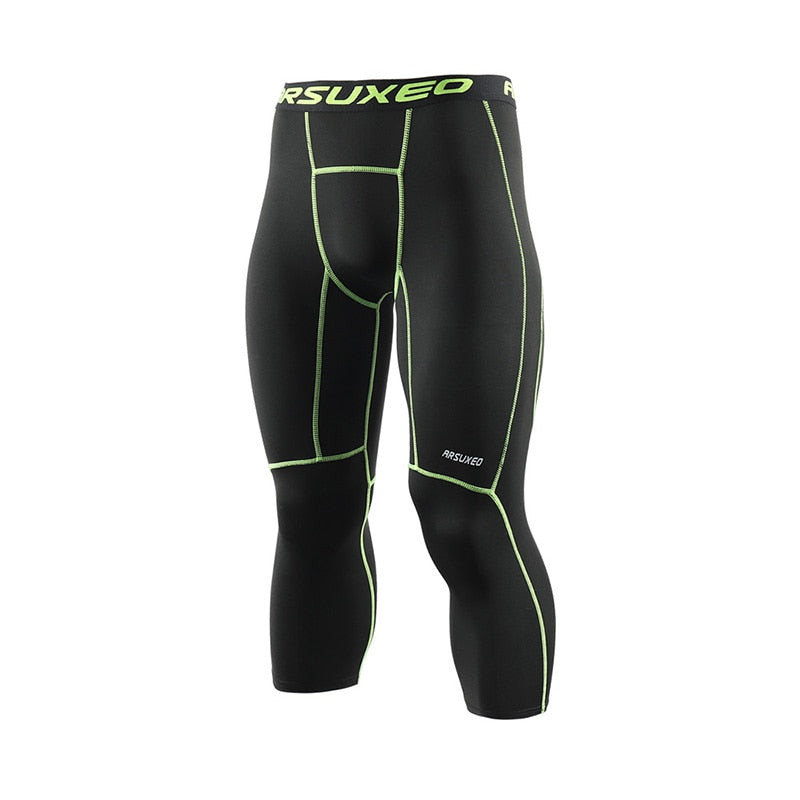 ARSUXEO Men's 3/4 Sports Compression Tights in solid black, showcasing the sleek design and high-quality fabric suitable for running and gym workouts.