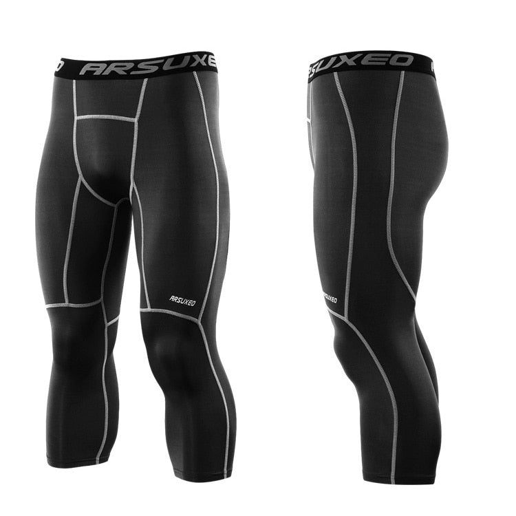 ARSUXEO Men's 3/4 Sports Compression Tights in solid black, showcasing the sleek design and high-quality fabric suitable for running and gym workouts.