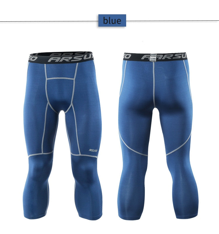 ARSUXEO Men's 3/4 Sports Compression Tights in solid black, showcasing the sleek design and high-quality fabric suitable for running and gym workouts.