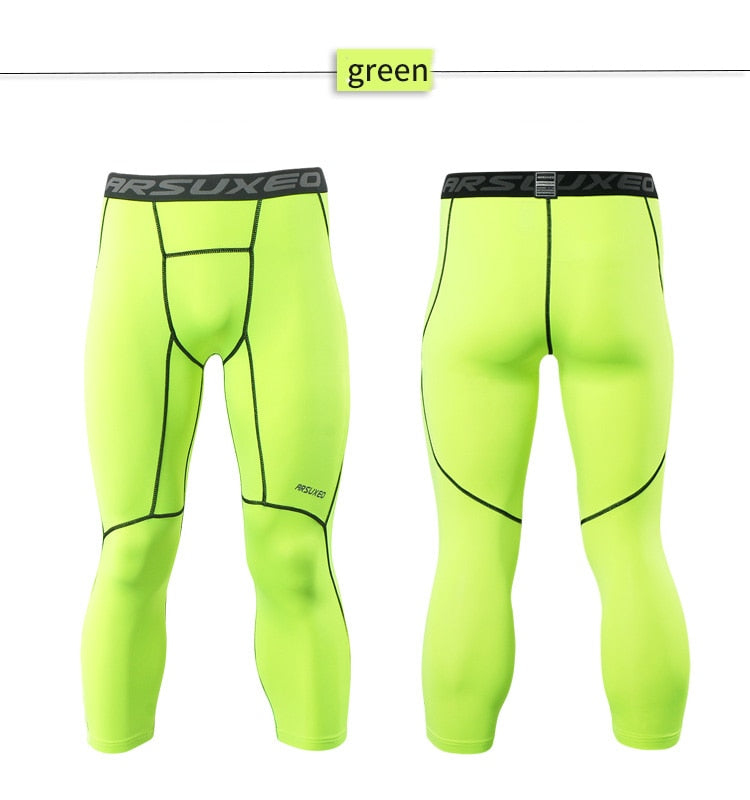 ARSUXEO Men's 3/4 Sports Compression Tights in solid black, showcasing the sleek design and high-quality fabric suitable for running and gym workouts.