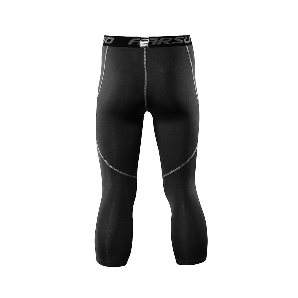 ARSUXEO Men's 3/4 Sports Compression Tights in solid black, showcasing the sleek design and high-quality fabric suitable for running and gym workouts.