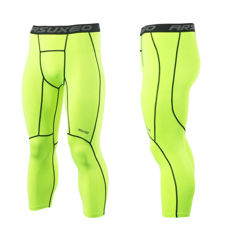 ARSUXEO Men's 3/4 Sports Compression Tights in solid black, showcasing the sleek design and high-quality fabric suitable for running and gym workouts.