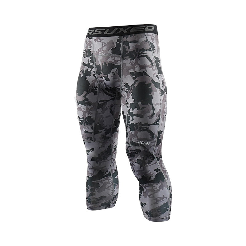 ARSUXEO Men's 3/4 Sports Compression Tights in solid black, showcasing the sleek design and high-quality fabric suitable for running and gym workouts.
