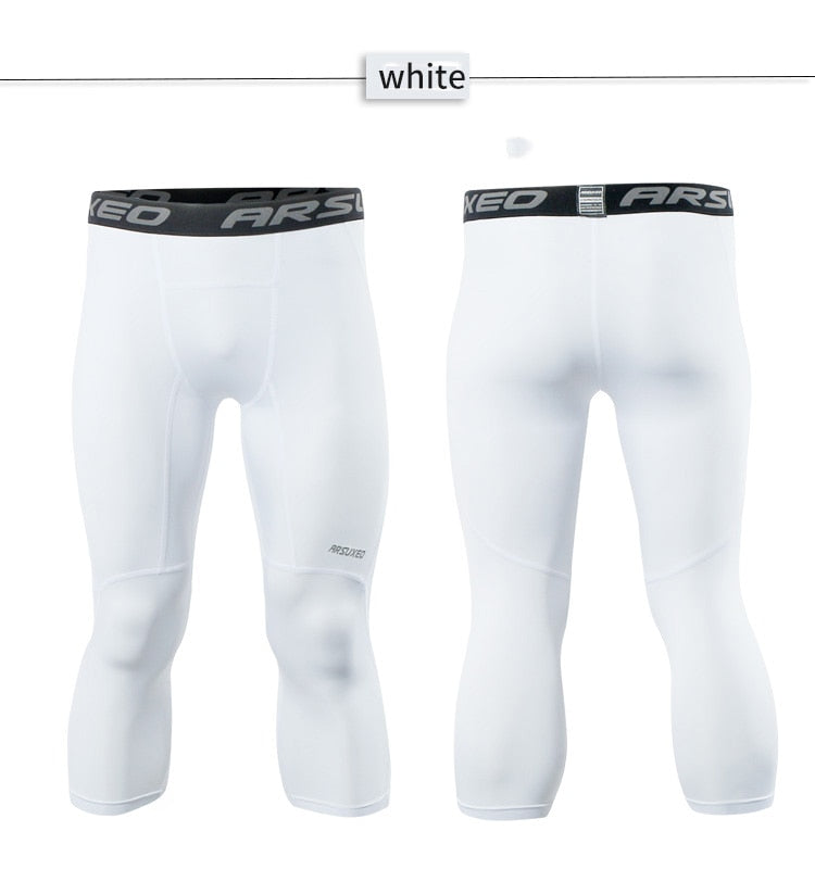 ARSUXEO Men's 3/4 Sports Compression Tights in solid black, showcasing the sleek design and high-quality fabric suitable for running and gym workouts.