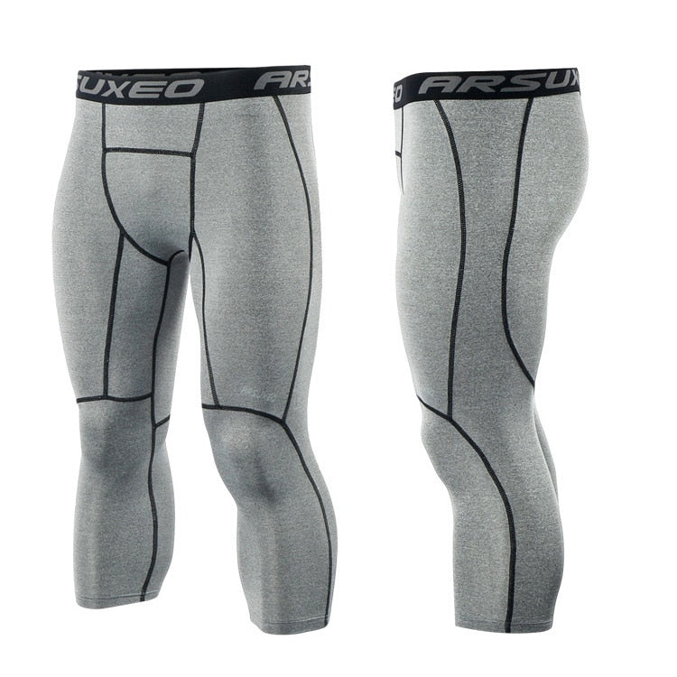 ARSUXEO Men's 3/4 Sports Compression Tights in solid black, showcasing the sleek design and high-quality fabric suitable for running and gym workouts.