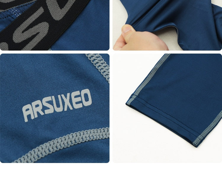 ARSUXEO Men's 3/4 Sports Compression Tights in solid black, showcasing the sleek design and high-quality fabric suitable for running and gym workouts.