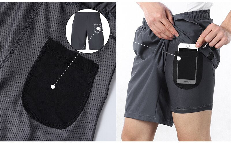 Men's 7 Inch Running Shorts in blue, gray, and black, featuring a 2-in-1 design and a pocket for essentials.