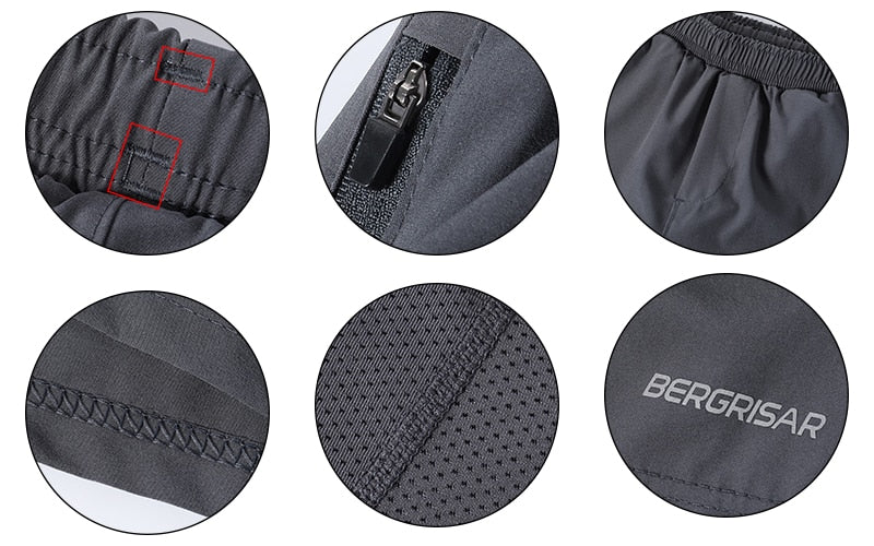 Men's 7 Inch Running Shorts in blue, gray, and black, featuring a 2-in-1 design and a pocket for essentials.