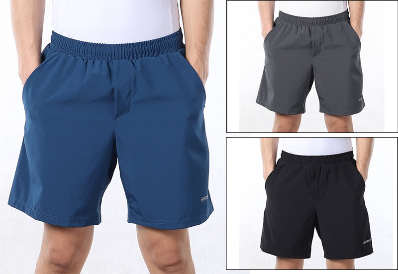 Men's 7 Inch Running Shorts in blue, gray, and black, featuring a 2-in-1 design and a pocket for essentials.