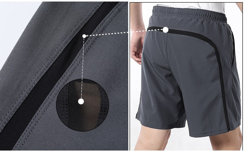 Men's 7 Inch Running Shorts in blue, gray, and black, featuring a 2-in-1 design and a pocket for essentials.