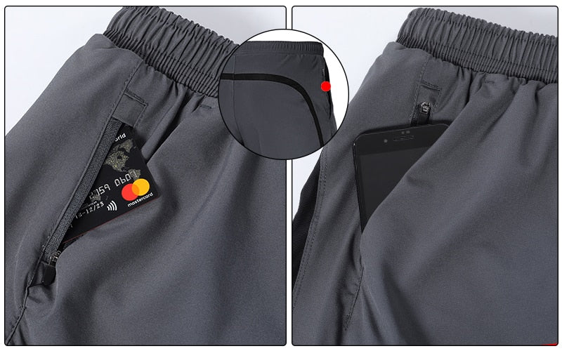 Men's 7 Inch Running Shorts in blue, gray, and black, featuring a 2-in-1 design and a pocket for essentials.