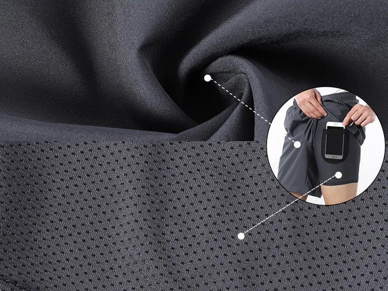 Men's 7 Inch Running Shorts in blue, gray, and black, featuring a 2-in-1 design and a pocket for essentials.