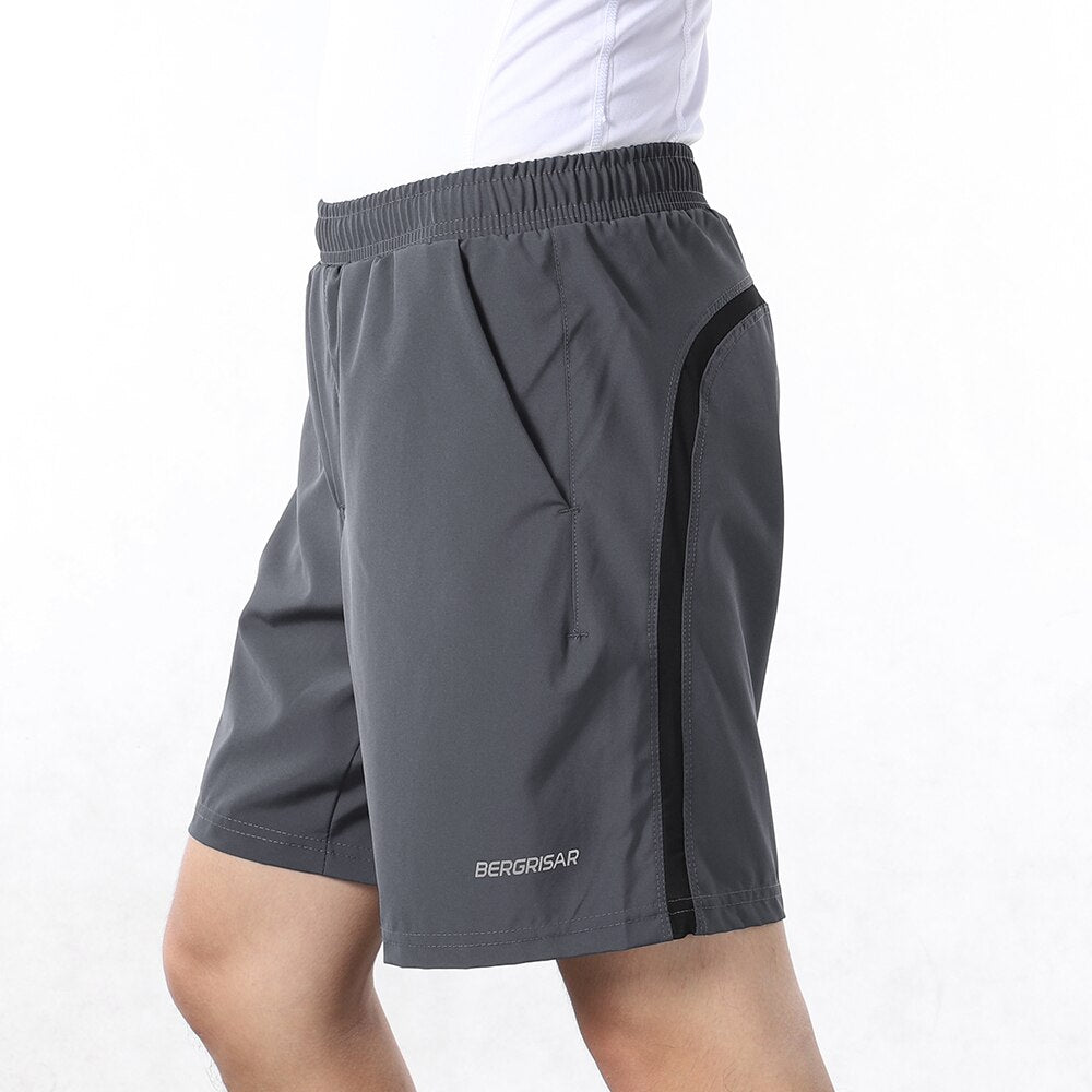 Men's 7 Inch Running Shorts in blue, gray, and black, featuring a 2-in-1 design and a pocket for essentials.