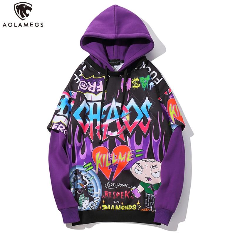 Men's oversized hoodie featuring graffiti print in purple and white, designed for high street fashion.