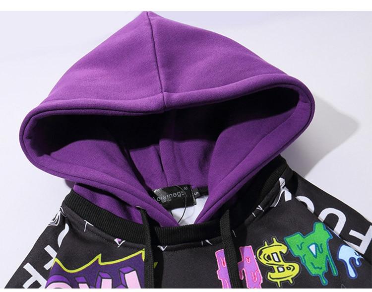 Men's oversized hoodie featuring graffiti print in purple and white, designed for high street fashion.