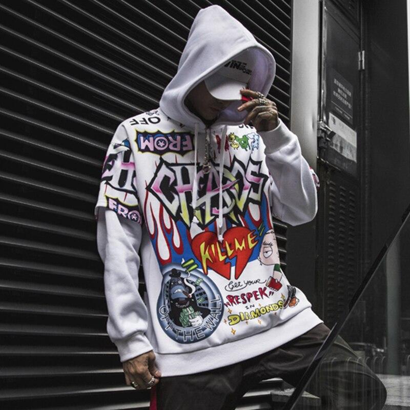 Men's oversized hoodie featuring graffiti print in purple and white, designed for high street fashion.