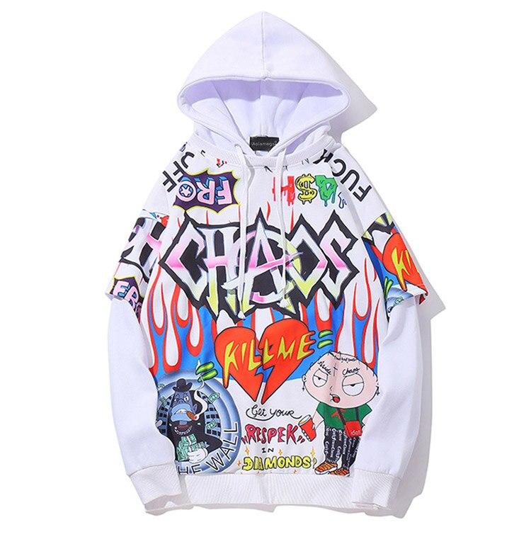 Men's oversized hoodie featuring graffiti print in purple and white, designed for high street fashion.