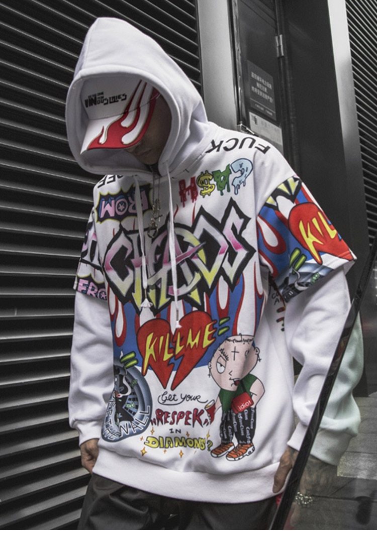 Men's oversized hoodie featuring graffiti print in purple and white, designed for high street fashion.
