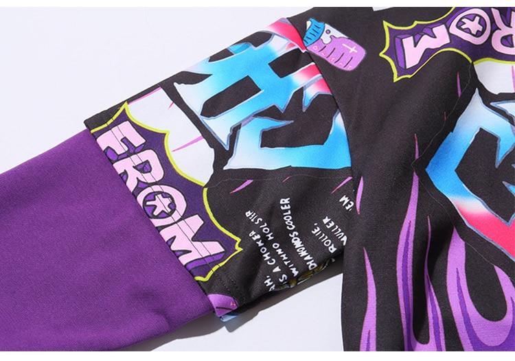 Men's oversized hoodie featuring graffiti print in purple and white, designed for high street fashion.