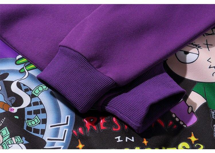 Men's oversized hoodie featuring graffiti print in purple and white, designed for high street fashion.