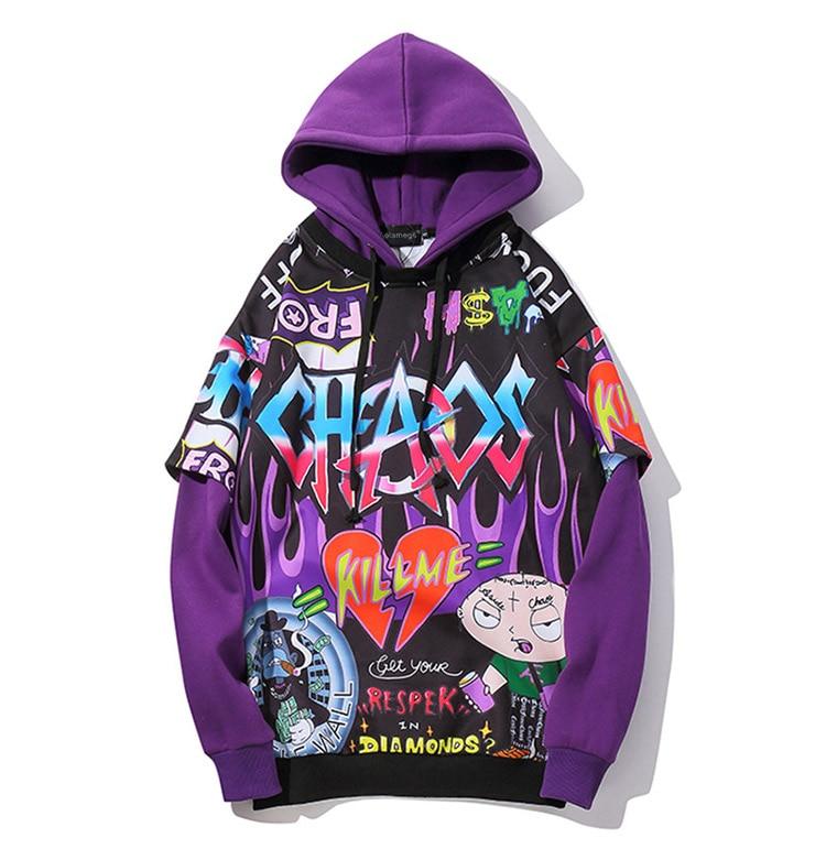 Men's oversized hoodie featuring graffiti print in purple and white, designed for high street fashion.