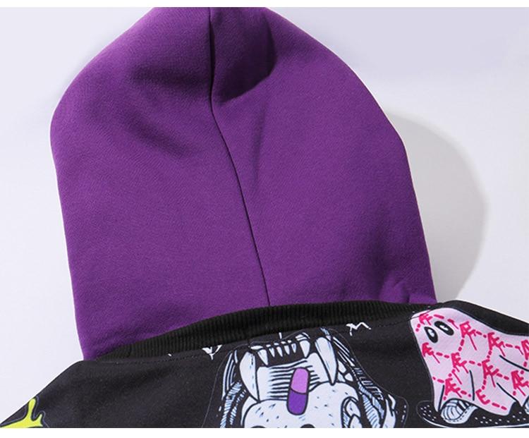 Men's oversized hoodie featuring graffiti print in purple and white, designed for high street fashion.