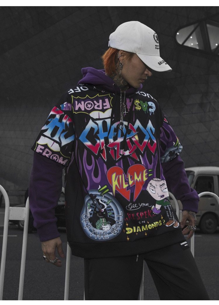 Men's oversized hoodie featuring graffiti print in purple and white, designed for high street fashion.