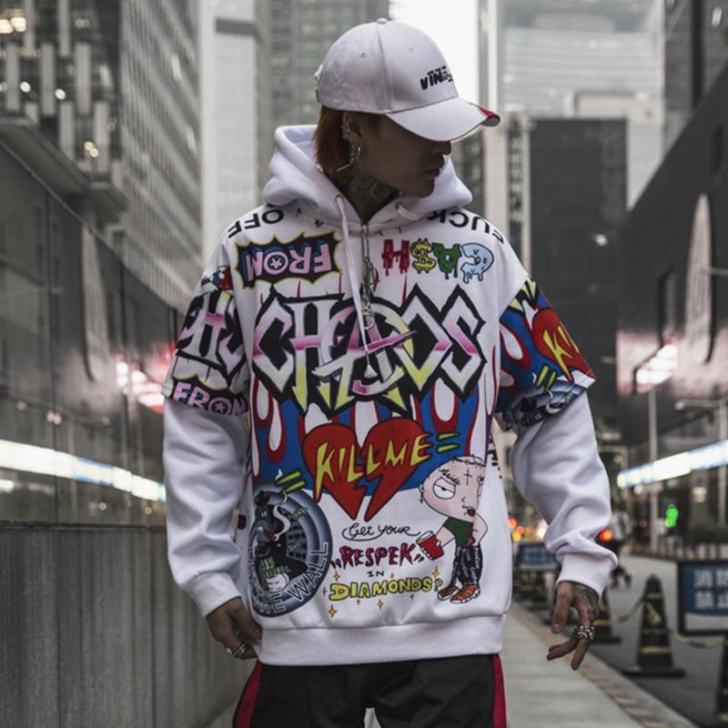 Men's oversized hoodie featuring graffiti print in purple and white, designed for high street fashion.