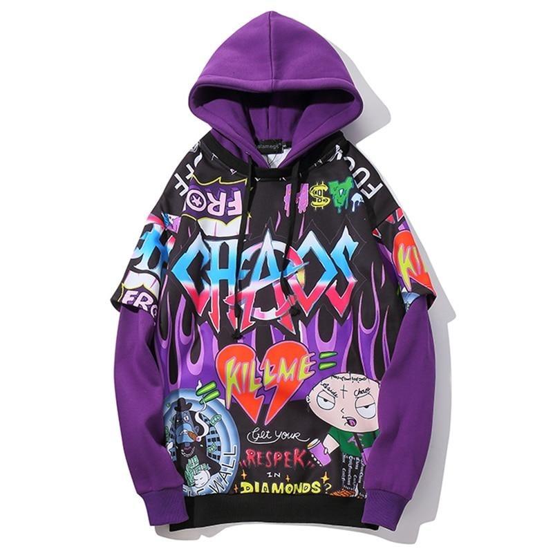 Men's oversized hoodie featuring graffiti print in purple and white, designed for high street fashion.