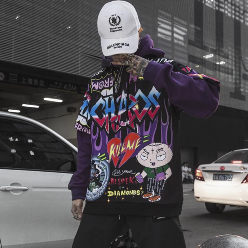 Men's oversized hoodie featuring graffiti print in purple and white, designed for high street fashion.