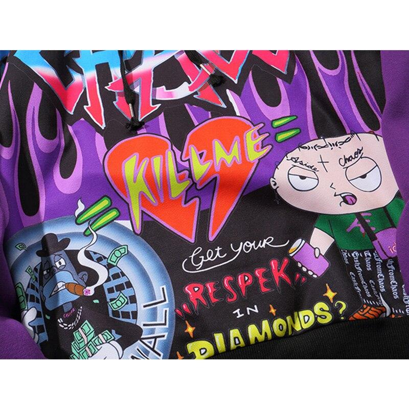 Men's oversized hoodie featuring graffiti print in purple and white, designed for high street fashion.