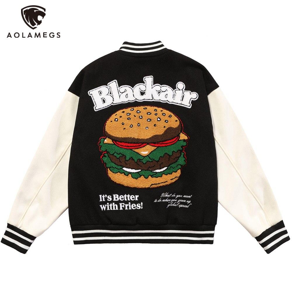Men's bomber jacket featuring hamburger patch and letter embroidery, designed for autumn wear with a loose fit and hip hop style.