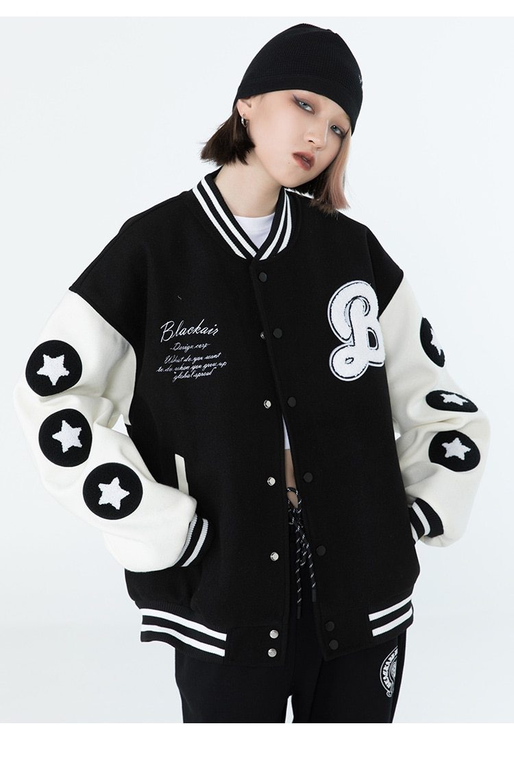 Men's bomber jacket featuring hamburger patch and letter embroidery, designed for autumn wear with a loose fit and hip hop style.