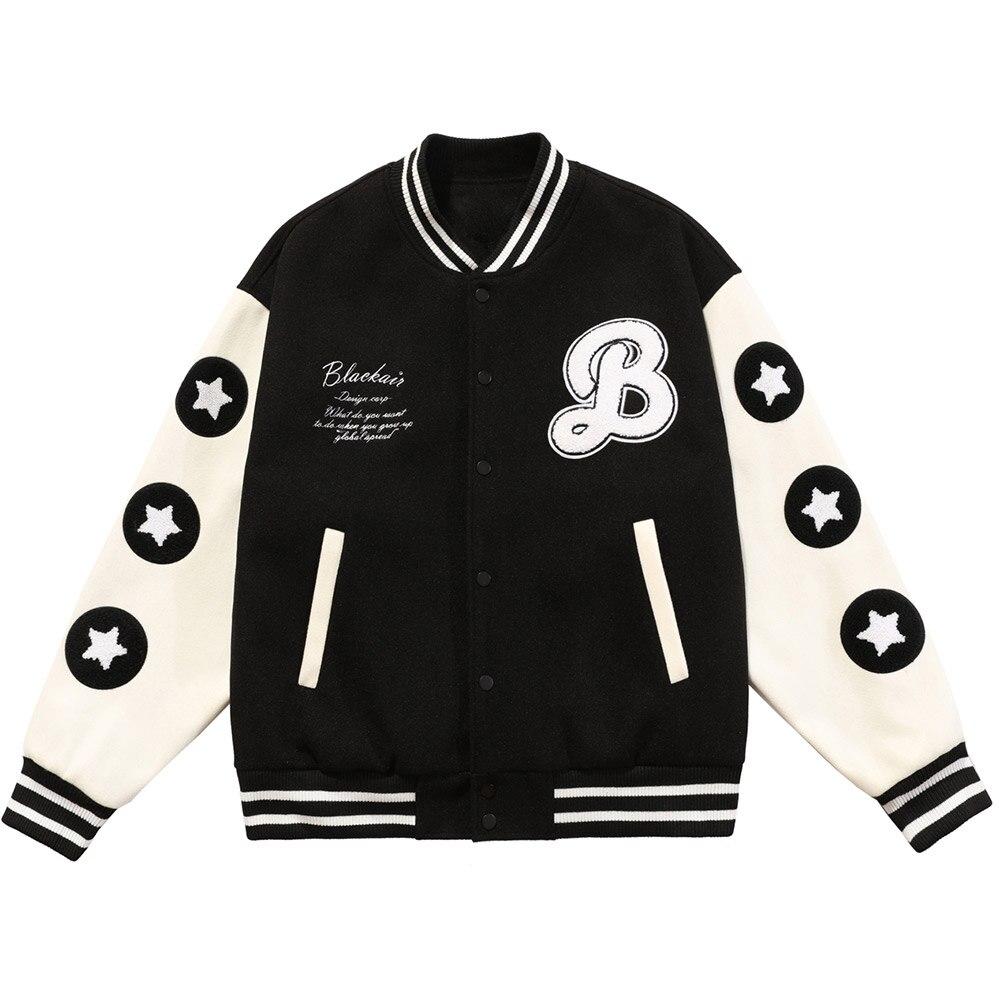 Men's bomber jacket featuring hamburger patch and letter embroidery, designed for autumn wear with a loose fit and hip hop style.