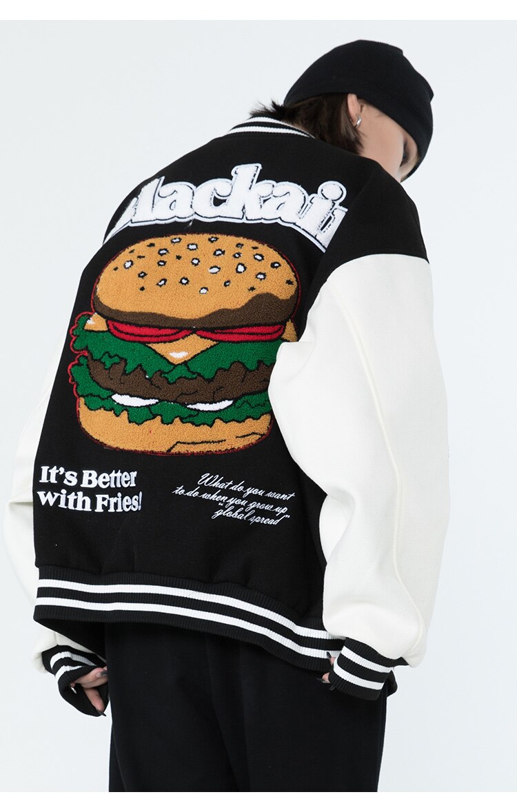Men's bomber jacket featuring hamburger patch and letter embroidery, designed for autumn wear with a loose fit and hip hop style.