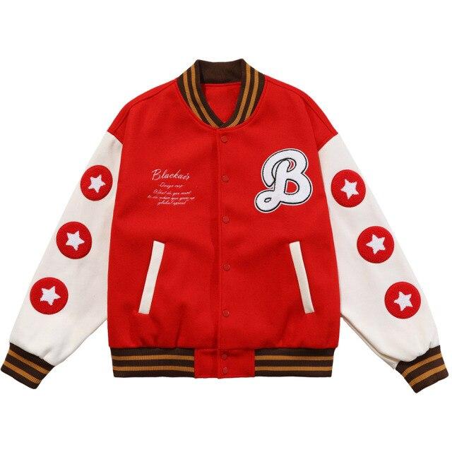 Men's bomber jacket featuring hamburger patch and letter embroidery, designed for autumn wear with a loose fit and hip hop style.