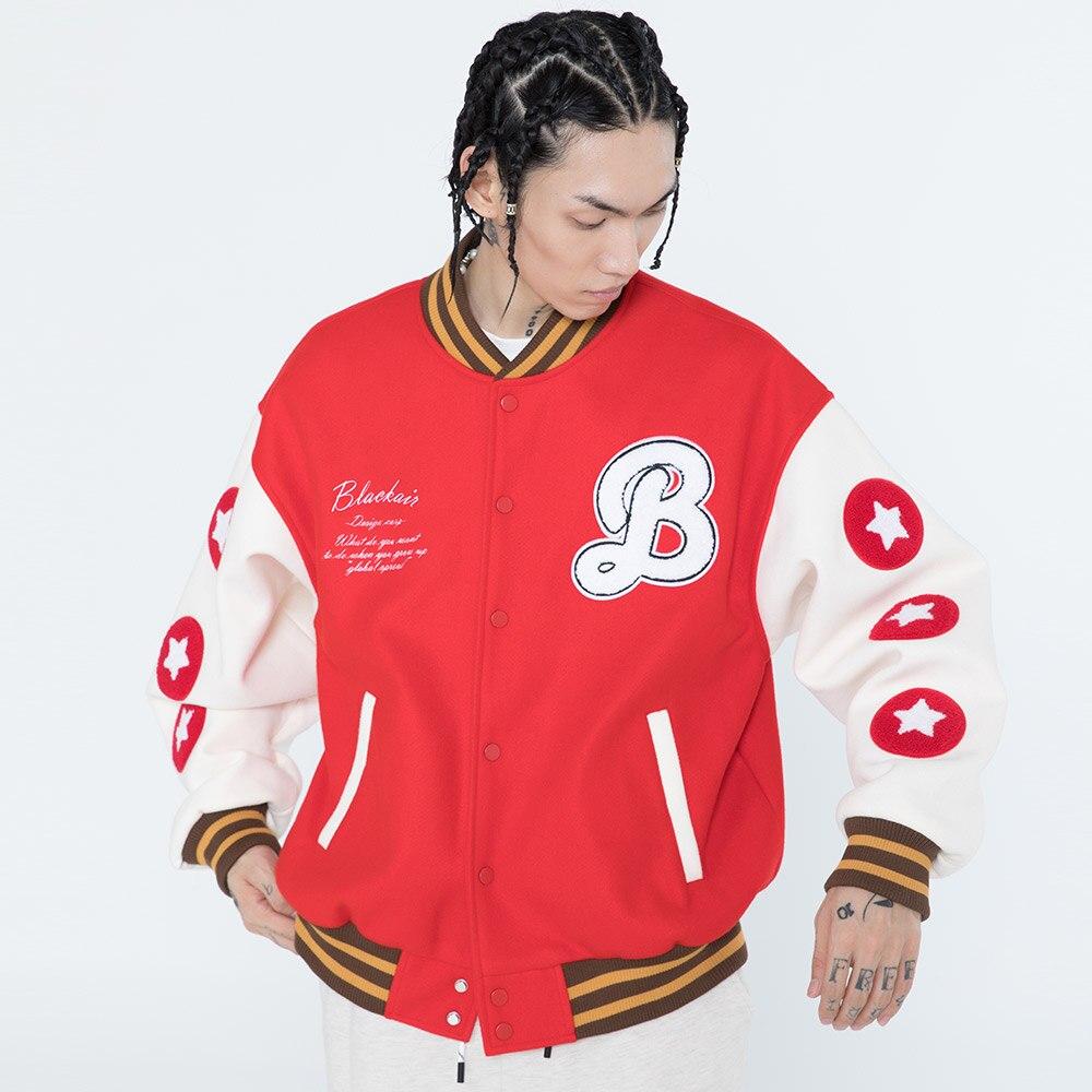 Men's bomber jacket featuring hamburger patch and letter embroidery, designed for autumn wear with a loose fit and hip hop style.
