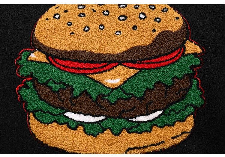 Men's bomber jacket featuring hamburger patch and letter embroidery, designed for autumn wear with a loose fit and hip hop style.