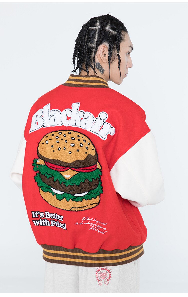 Men's bomber jacket featuring hamburger patch and letter embroidery, designed for autumn wear with a loose fit and hip hop style.