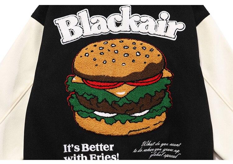 Men's bomber jacket featuring hamburger patch and letter embroidery, designed for autumn wear with a loose fit and hip hop style.