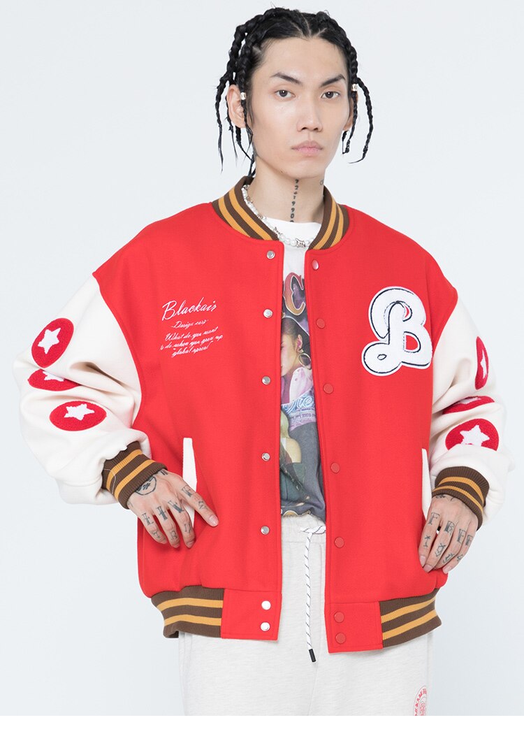 Men's bomber jacket featuring hamburger patch and letter embroidery, designed for autumn wear with a loose fit and hip hop style.